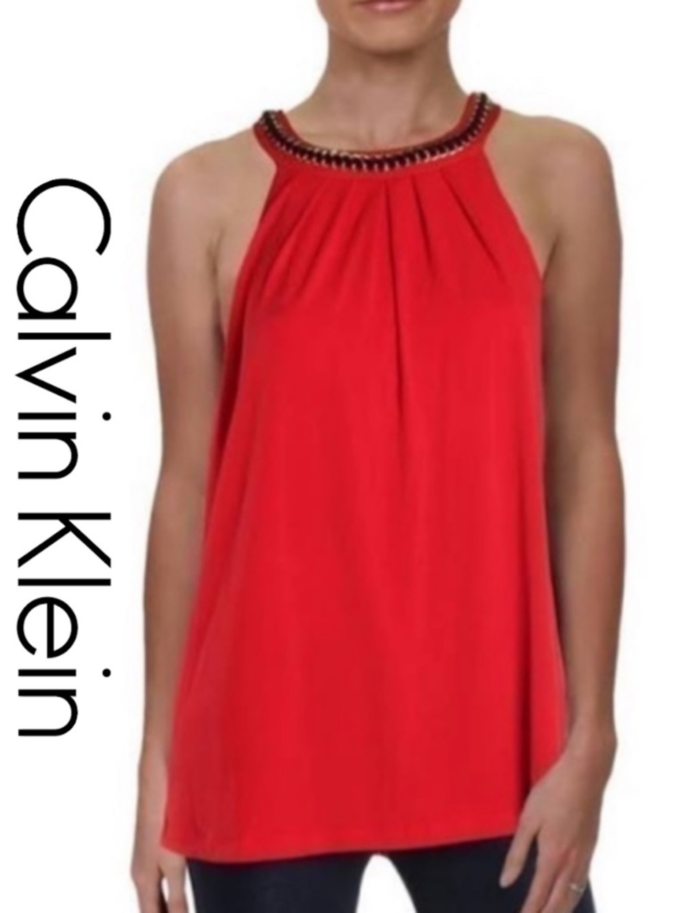 Calvin Klein XL Red Silk (?) Gold Velvet Braid Top